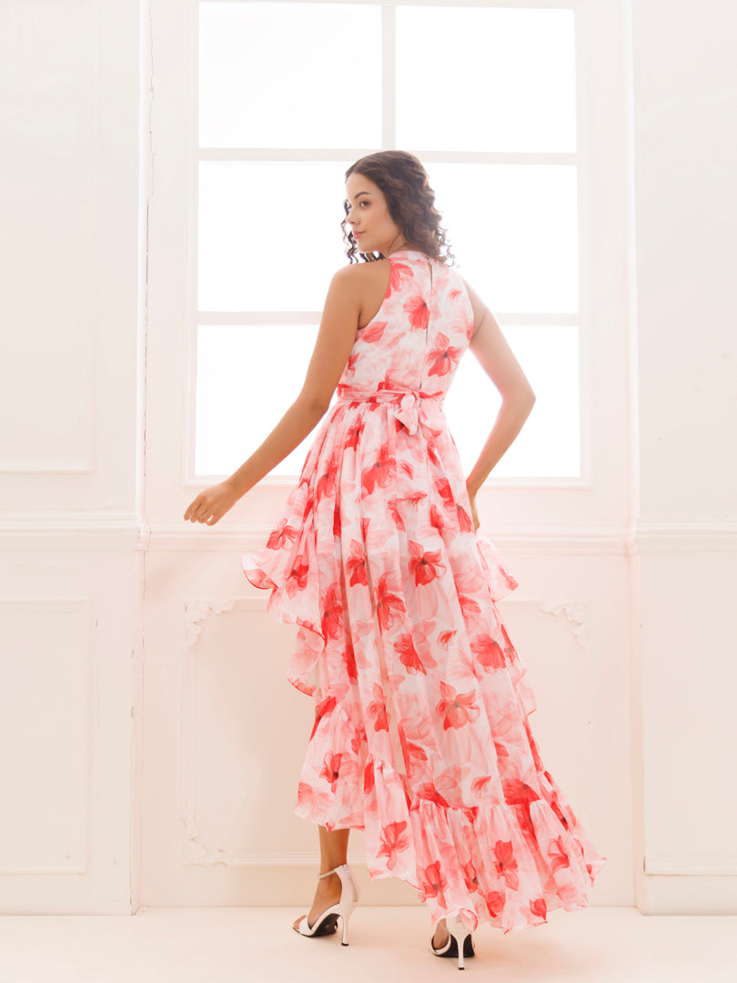 Ribbon Red Floral Georgette High-Low Dress