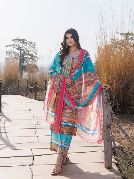 Sea Blue Muslin Kurta Set