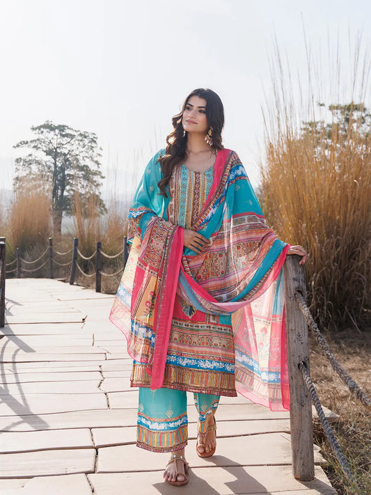 Sea Blue Muslin Kurta Set - Ragavi
