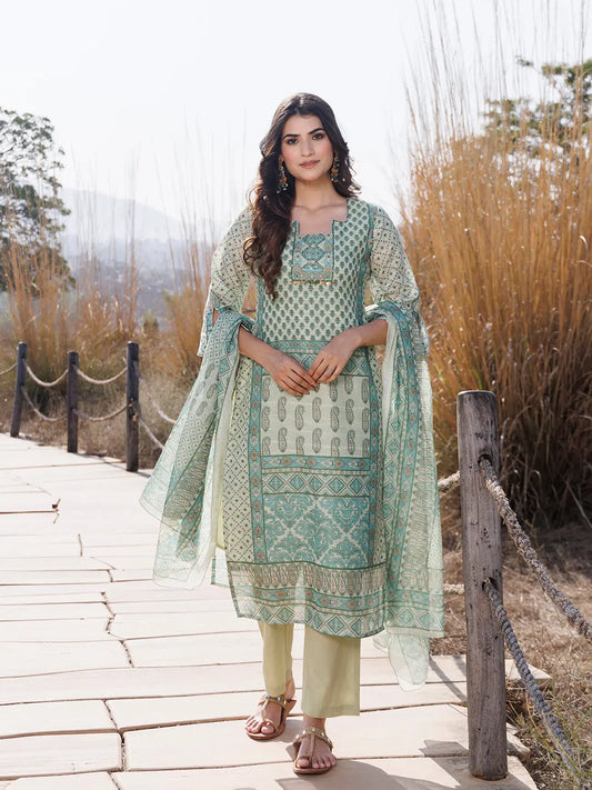 Fern Green Cotton Linen Suit Set - Ragavi