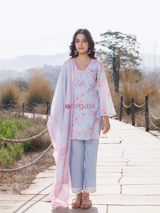 Candy Floss Blue Pink Cotton Linen Suit Set - Ragavi