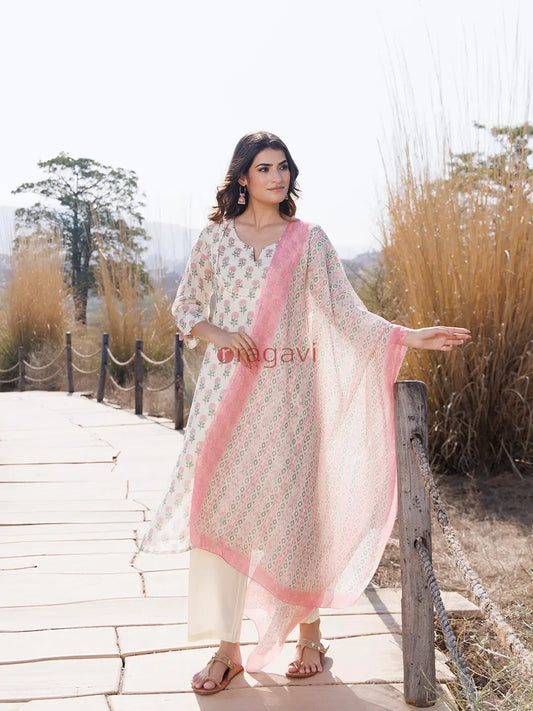 Pink Ivory Cotton Linen Suit Set - Ragavi
