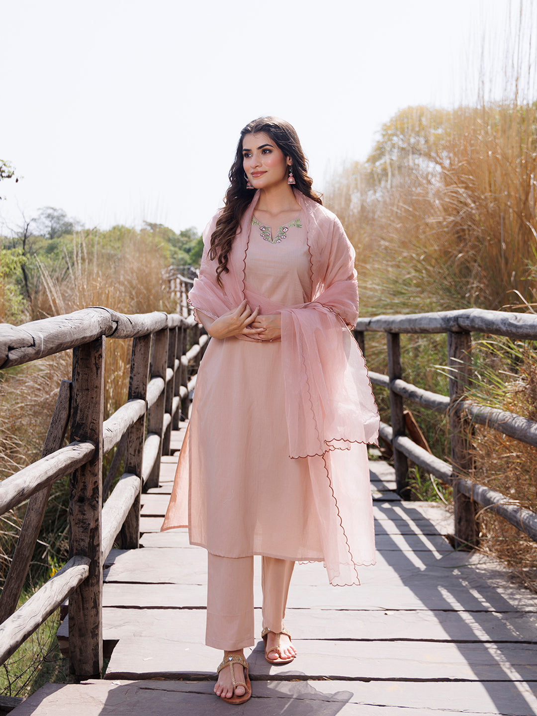 Mother Of Pearl Beige Cotton Embroidered Suit Set