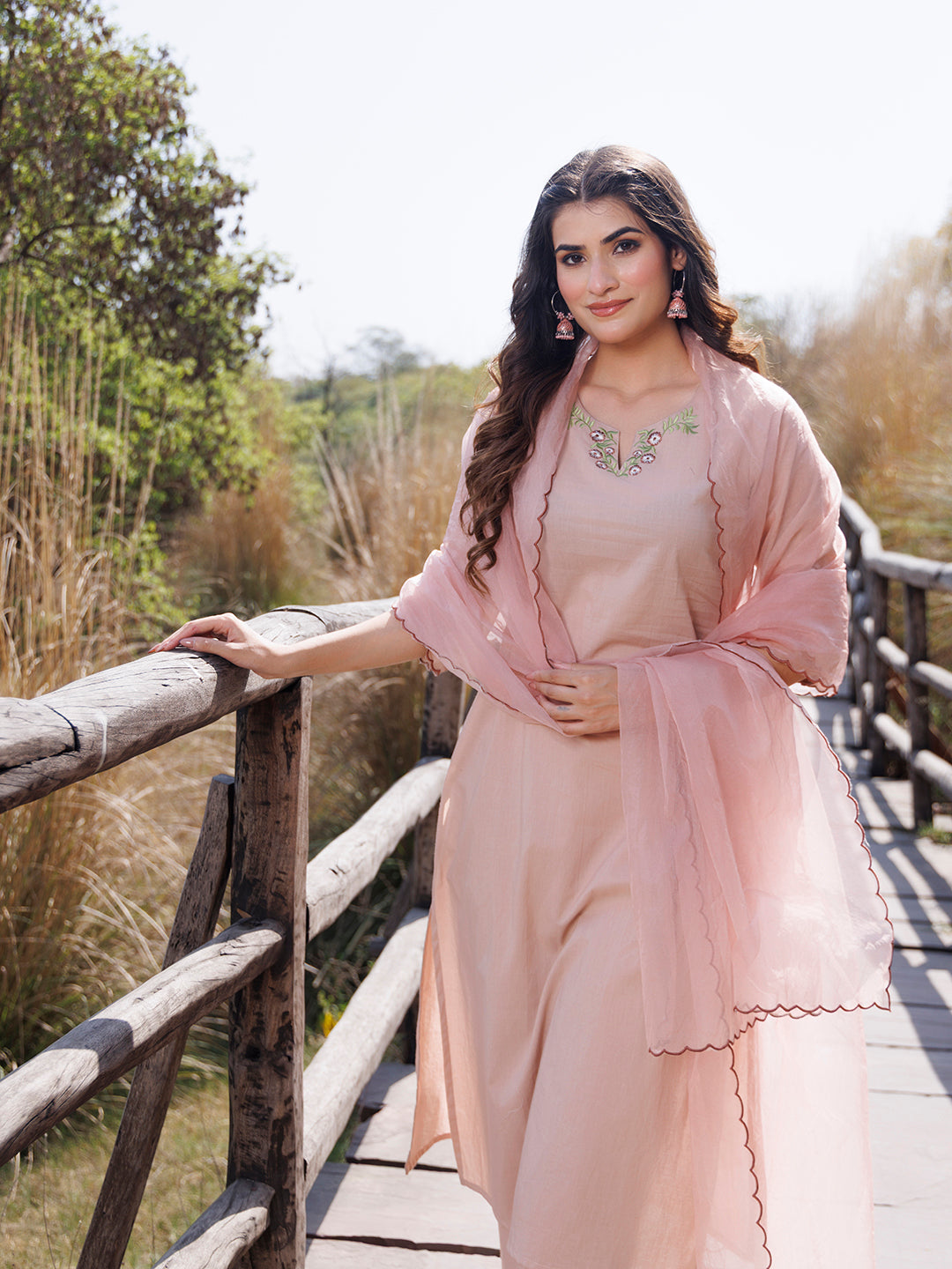 Mother Of Pearl Beige Cotton Embroidered Suit Set