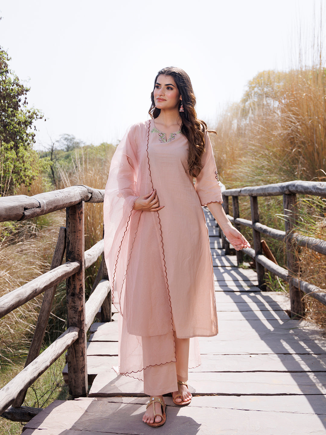 Mother Of Pearl Beige Cotton Embroidered Suit Set