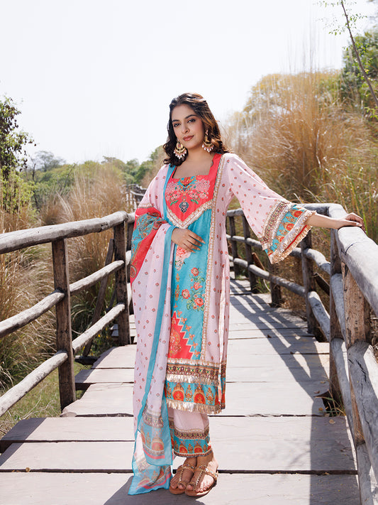 Pool Blue Pink Muslin Kurta Set