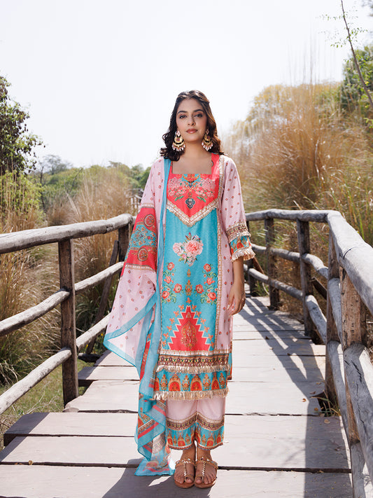 Pool Blue Pink Muslin Kurta Set