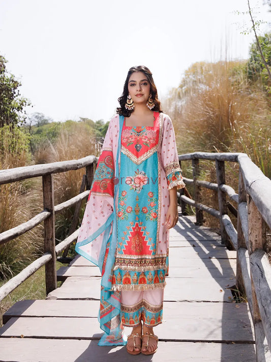 Pool Blue Pink Muslin Kurta Set - Ragavi
