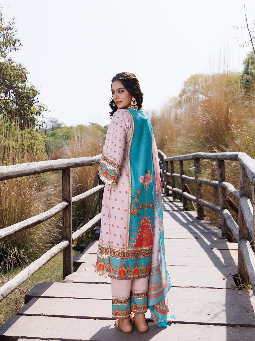 Pool Blue Pink Muslin Kurta Set