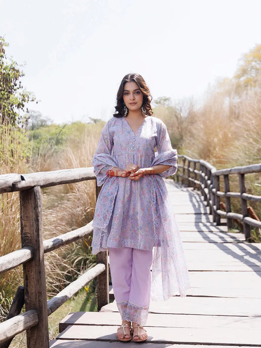 Bright Lilac Purple Chanderi Suit Set - Ragavi