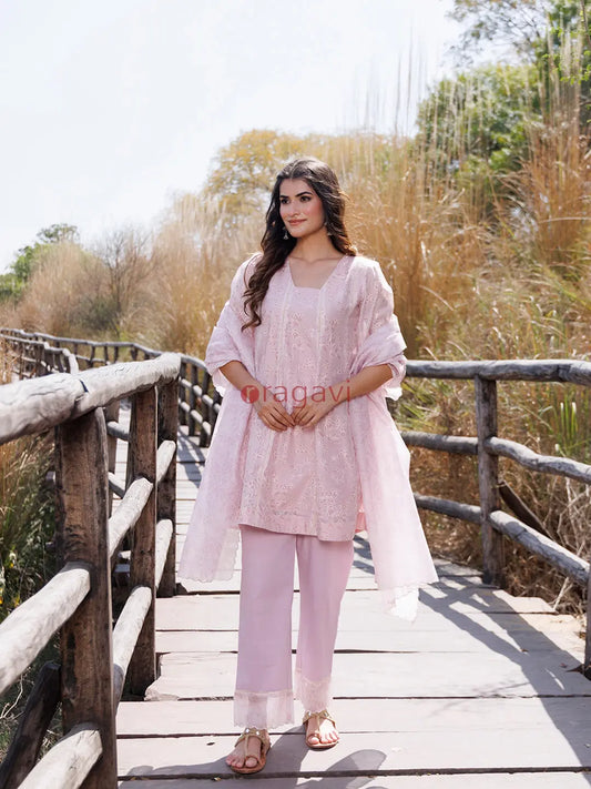 Tea Rose Pink Chanderi Suit Set - Ragavi