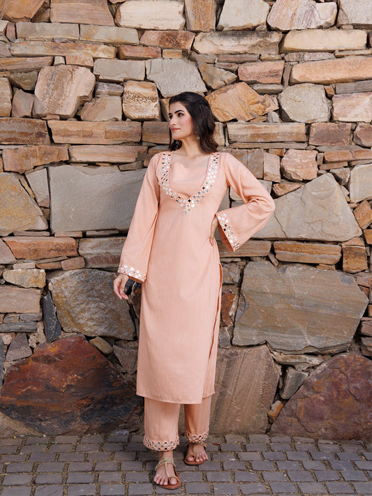 Peachy Keen Mirror Work Kurta Set