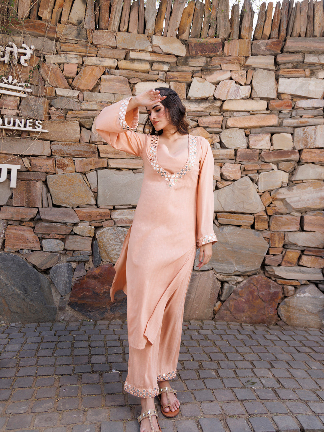 Peachy Keen Mirror Work Kurta Set