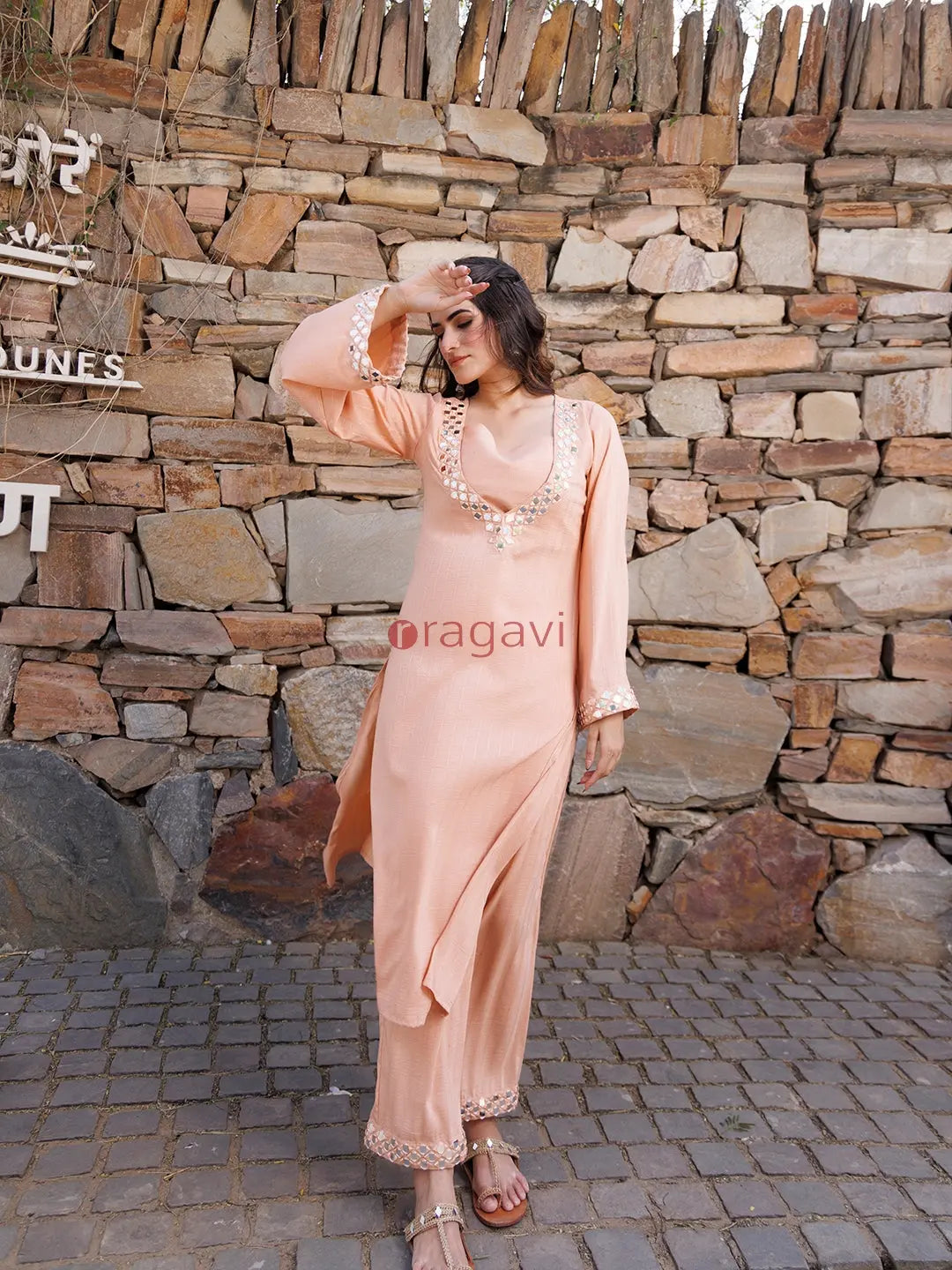 Peachy Keen Mirror Work Kurta Set - Ragavi