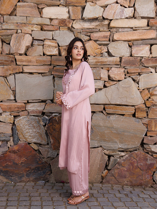 Soft Pink Mirror Work Kurta Set