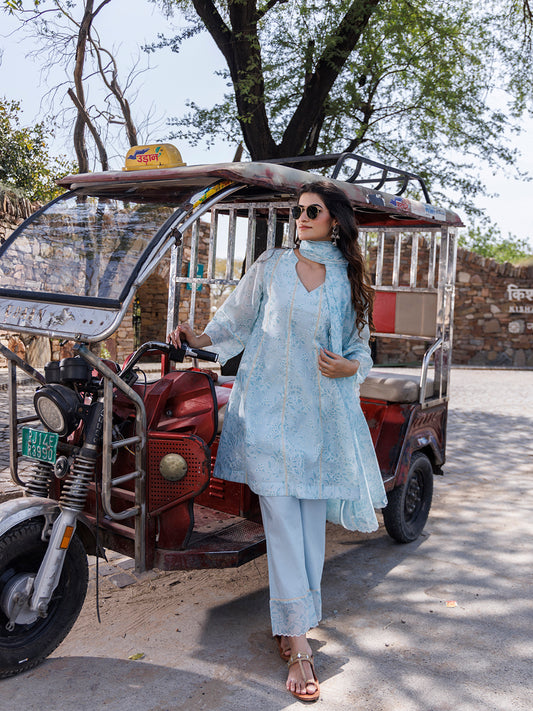 Diamond Blue Chanderi Suit Set