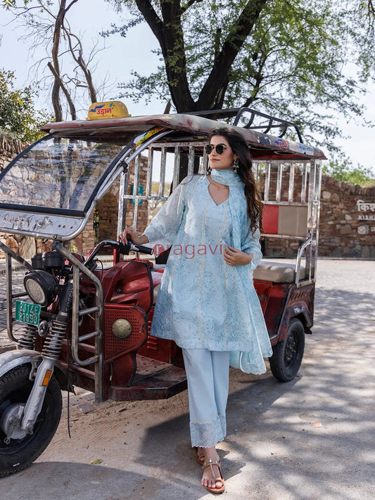 Diamond Blue Chanderi Suit Set - Ragavi