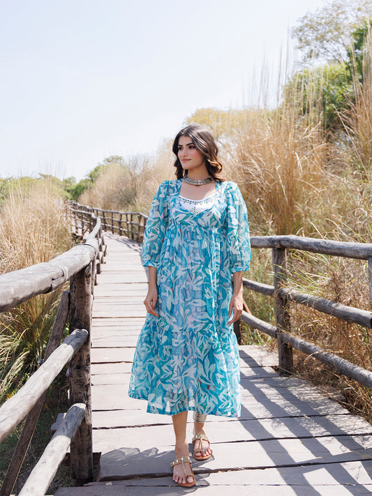 Teal Blue Organza Midi Dress