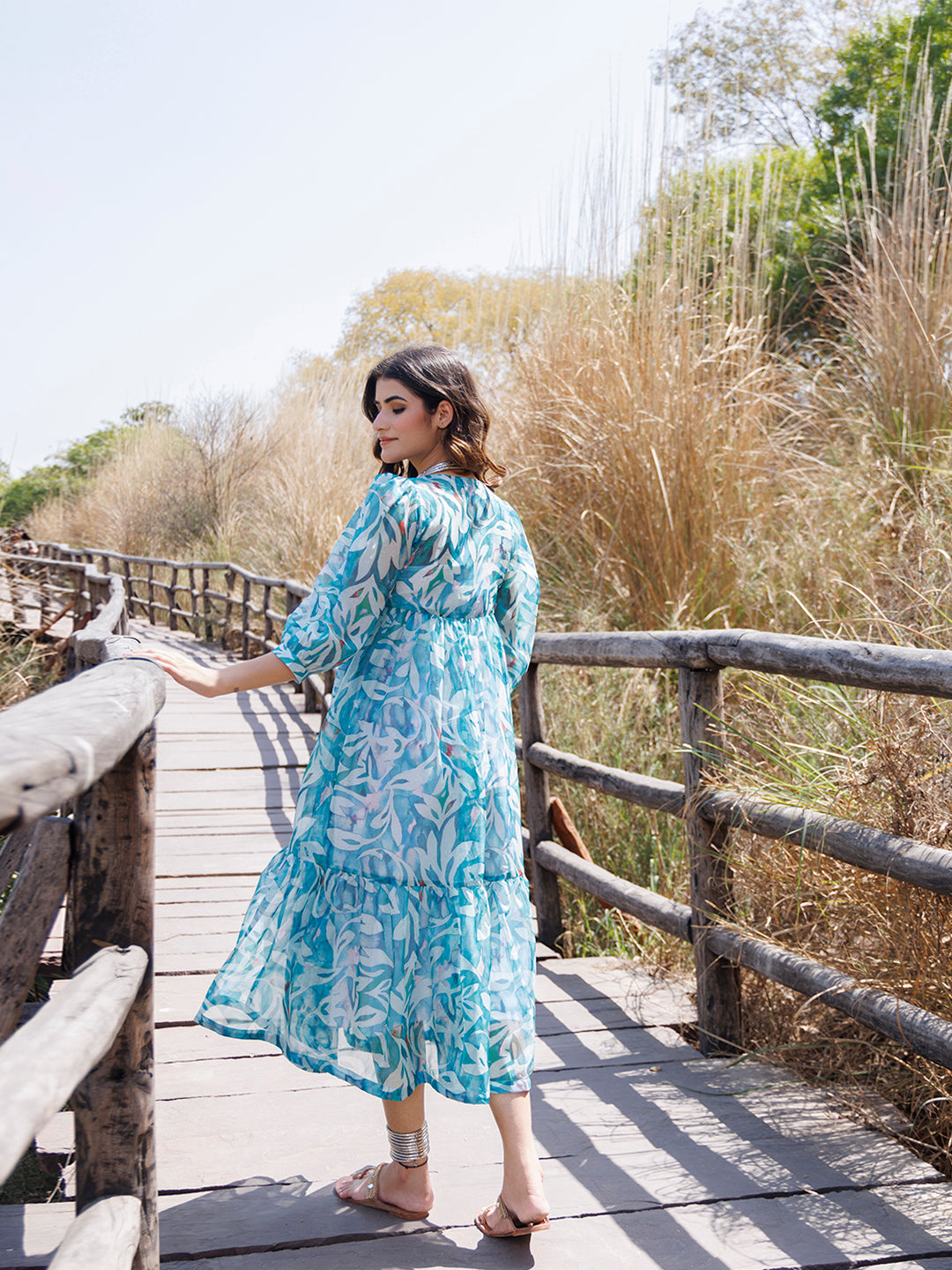 Teal Blue Organza Midi Dress