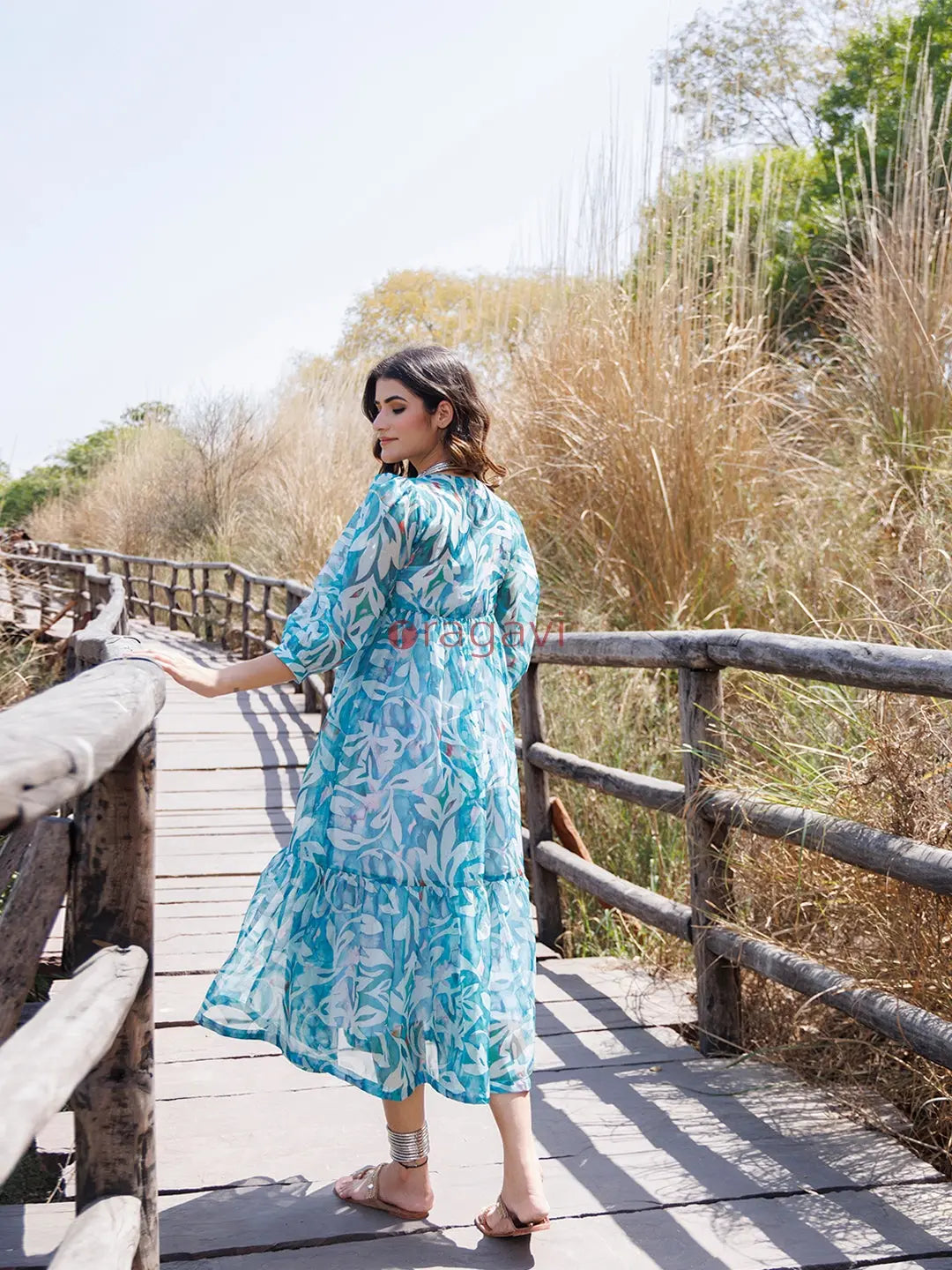 Teal Blue Organza Midi Dress - Ragavi