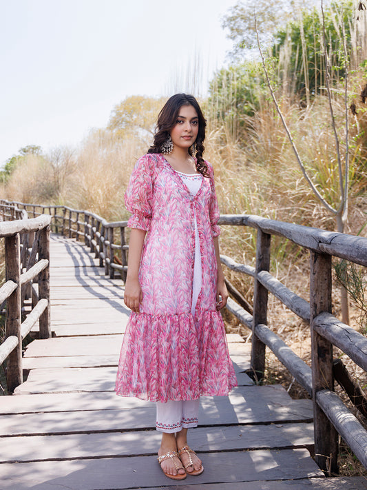 Flamingo Pink Organza Kurta Set
