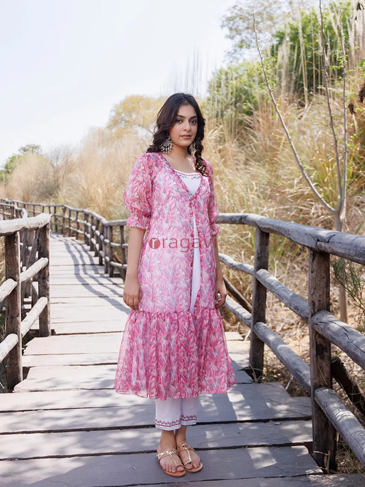 Flamingo Pink Organza Kurta Set - Ragavi