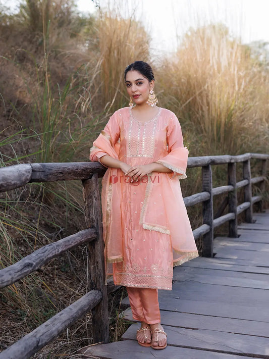 Peach Nectar Embroidered Silk Suit Set - Ragavi