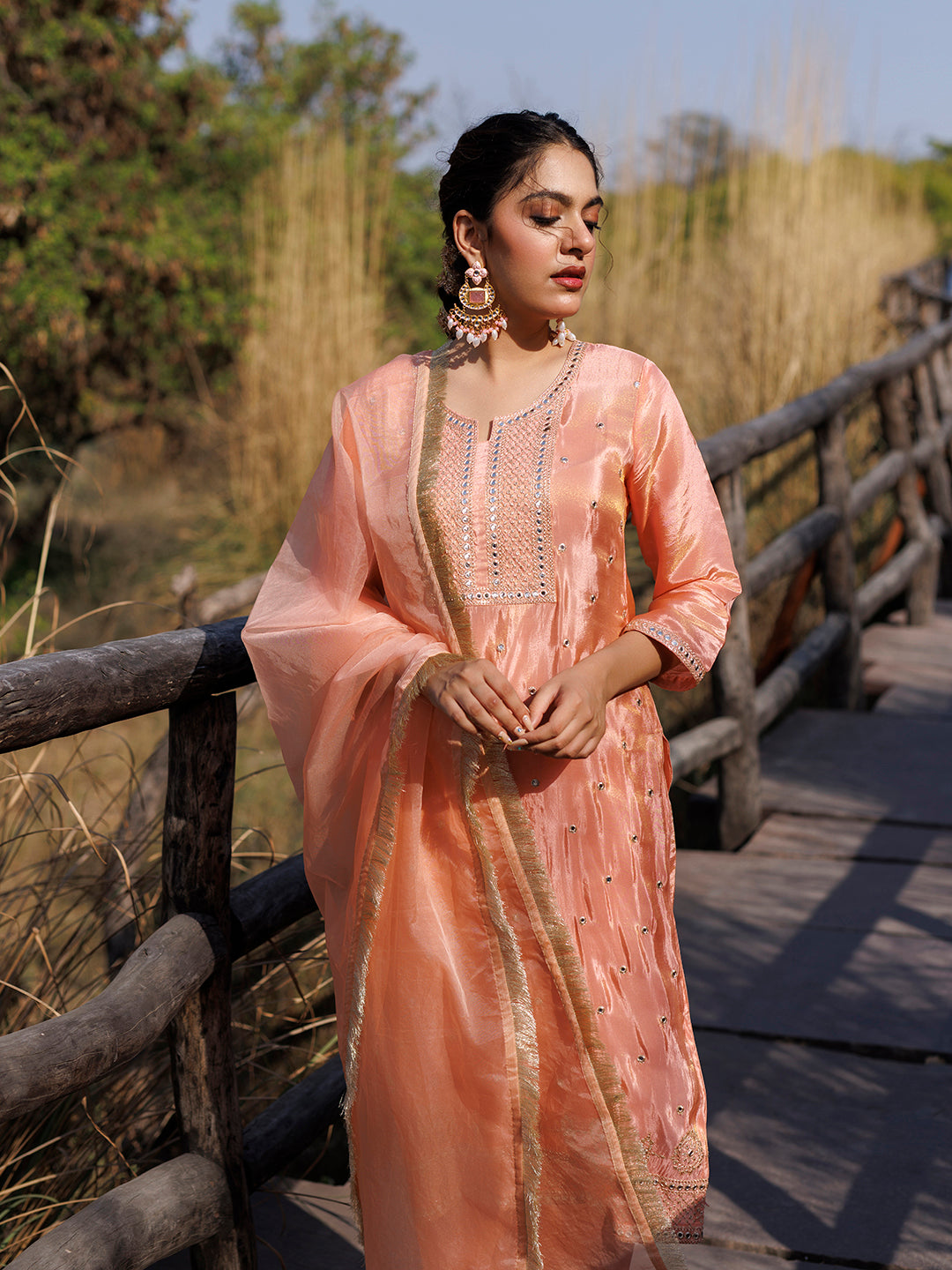 Peach Nectar Embroidered Silk Suit Set