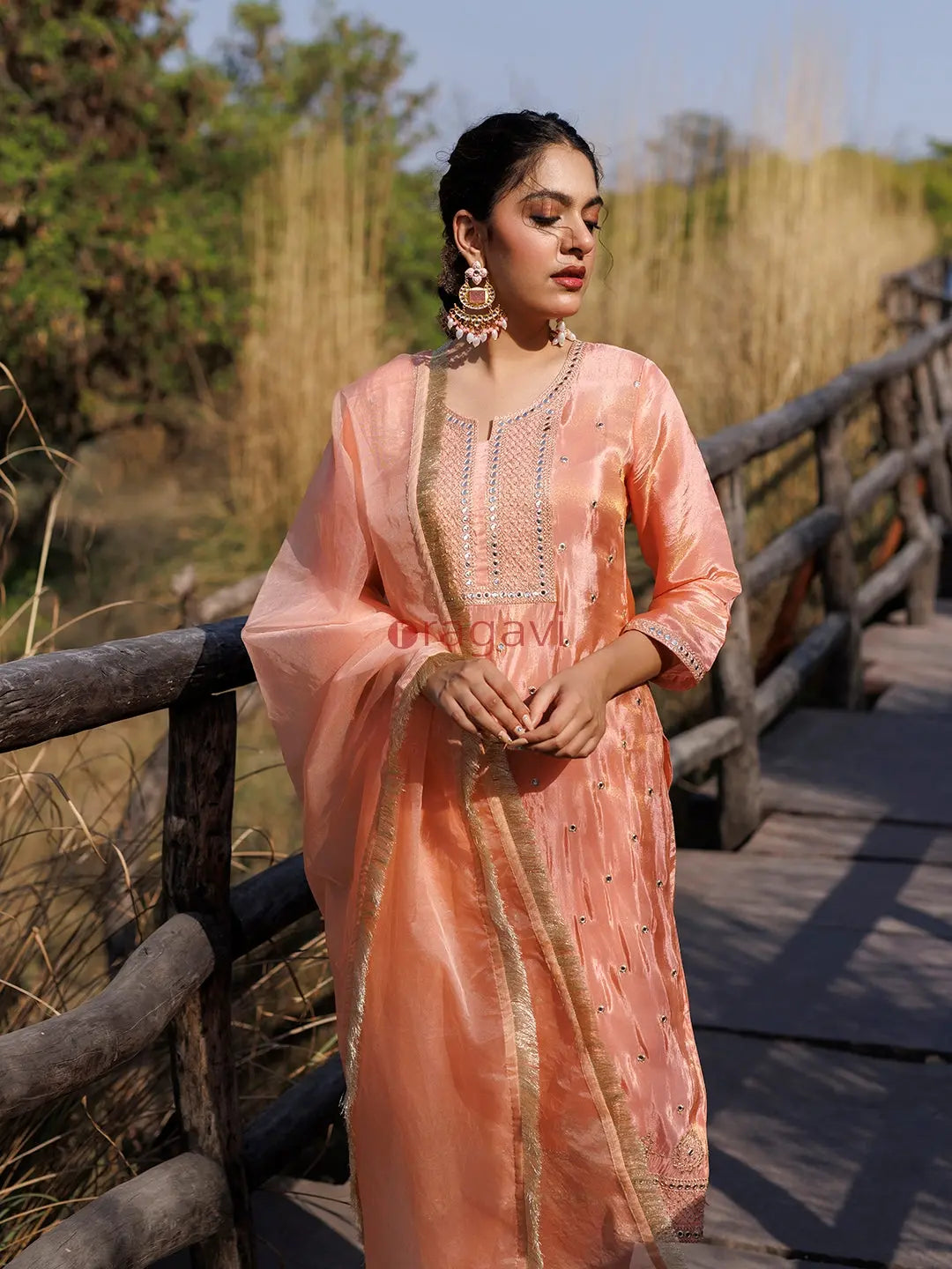 Peach Nectar Embroidered Silk Suit Set - Ragavi