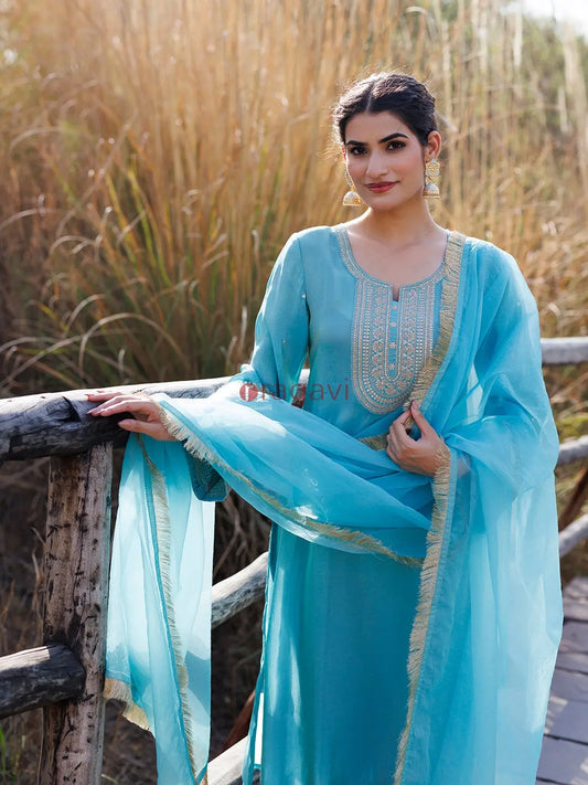 Capri Blue Embroidered Silk Suit Set - Ragavi