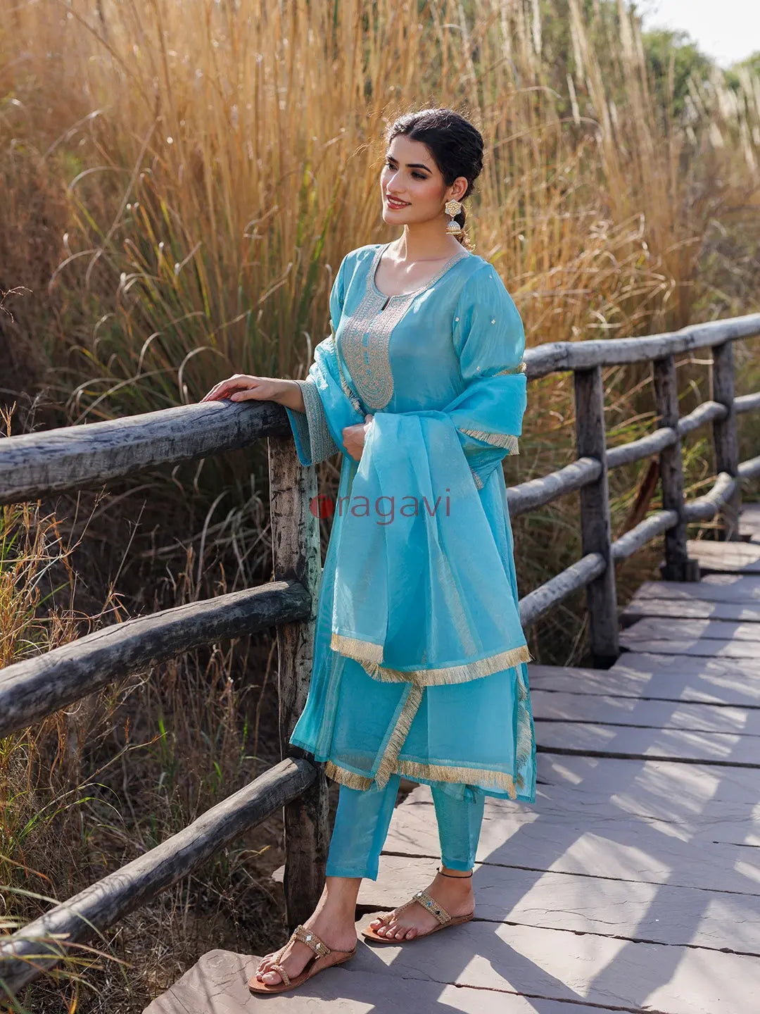 Capri Blue Embroidered Silk Suit Set - Ragavi