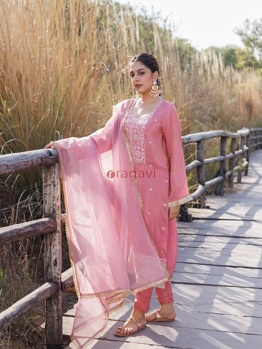 Geranium Pink Embroidered Silk Suit Set - Ragavi