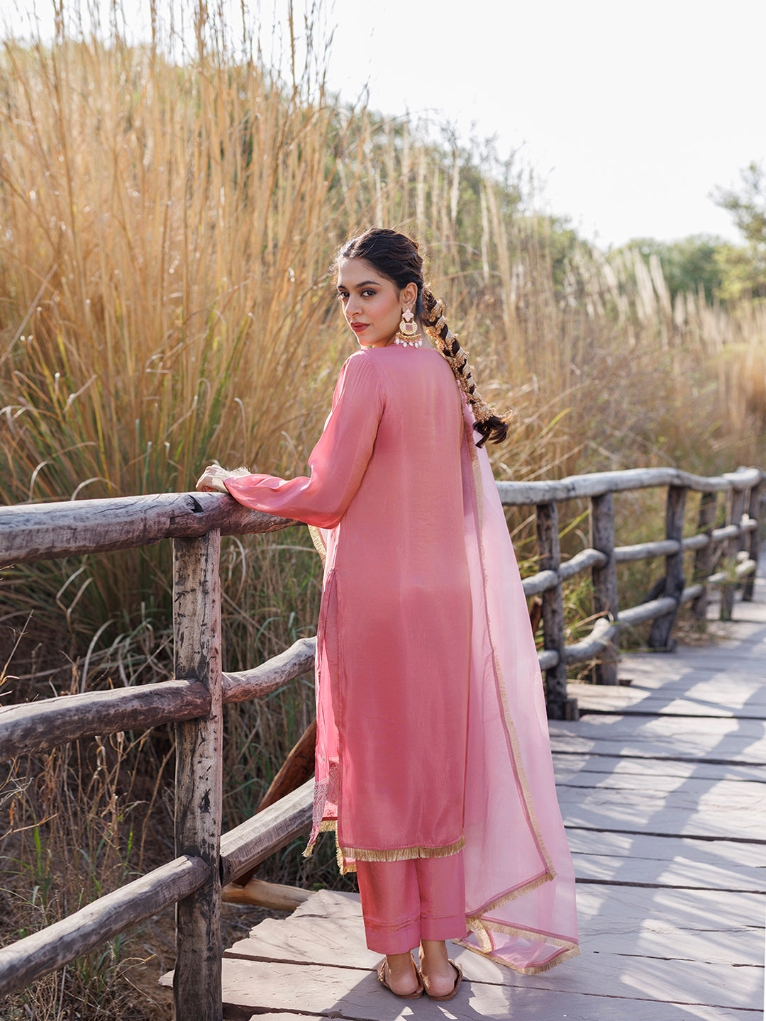 Geranium Pink Embroidered Silk Suit Set