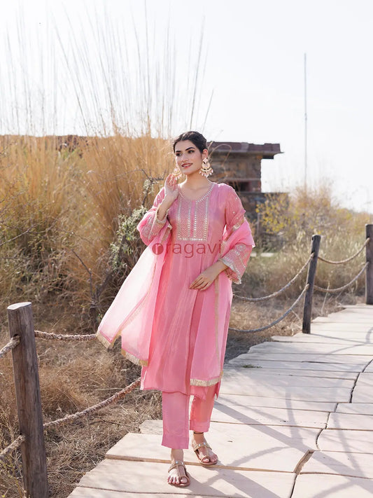 Confetti Pink Embroidered Silk Suit Set - Ragavi