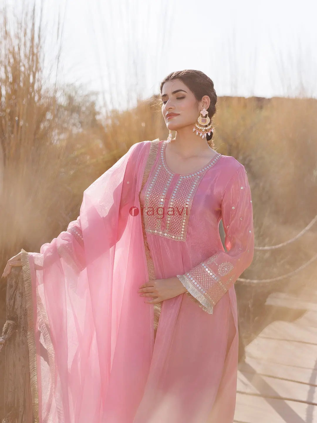 Confetti Pink Embroidered Silk Suit Set - Ragavi