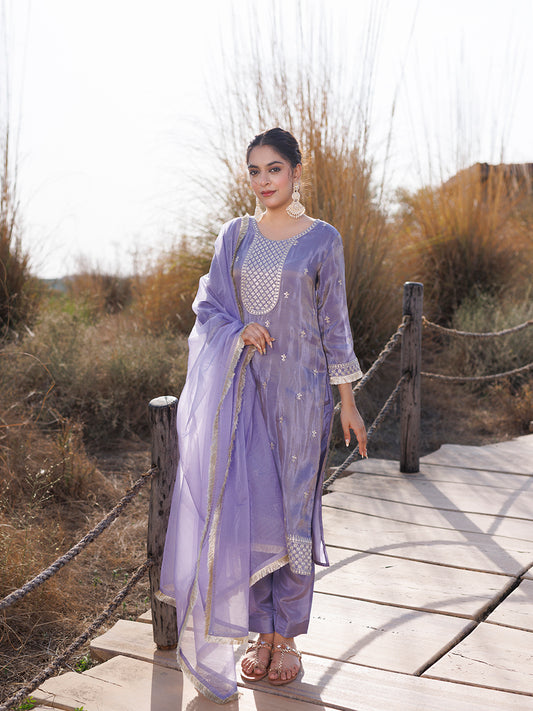 Pewter Lavender Embroidered Silk Suit Set