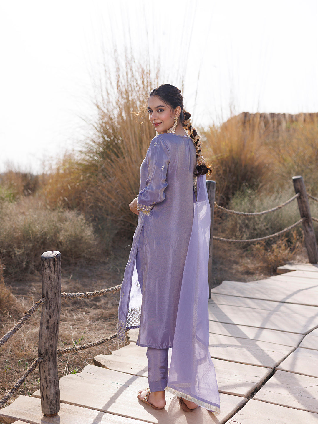 Pewter Lavender Embroidered Silk Suit Set