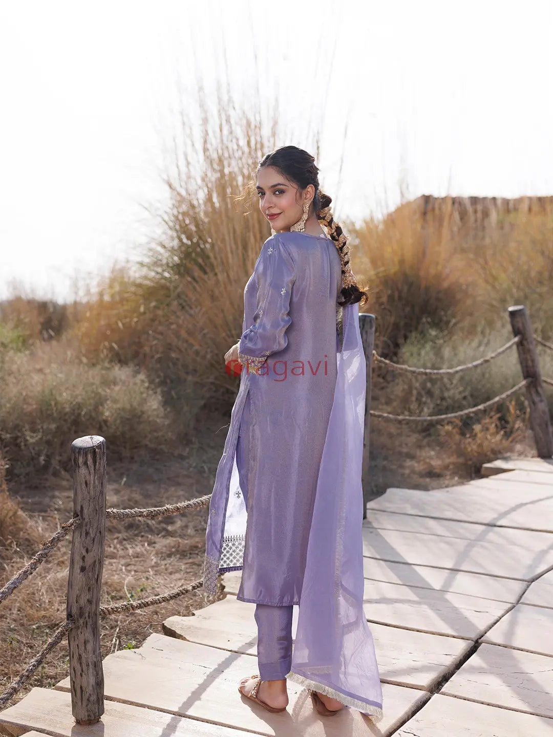 Pewter Lavender Embroidered Silk Suit Set - Ragavi