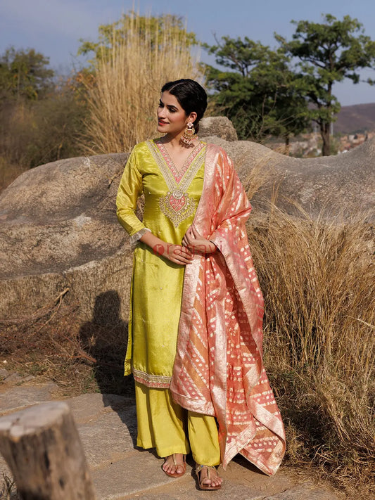 Aurora Yellow Tissue Shimmer Suit Set - Ragavi