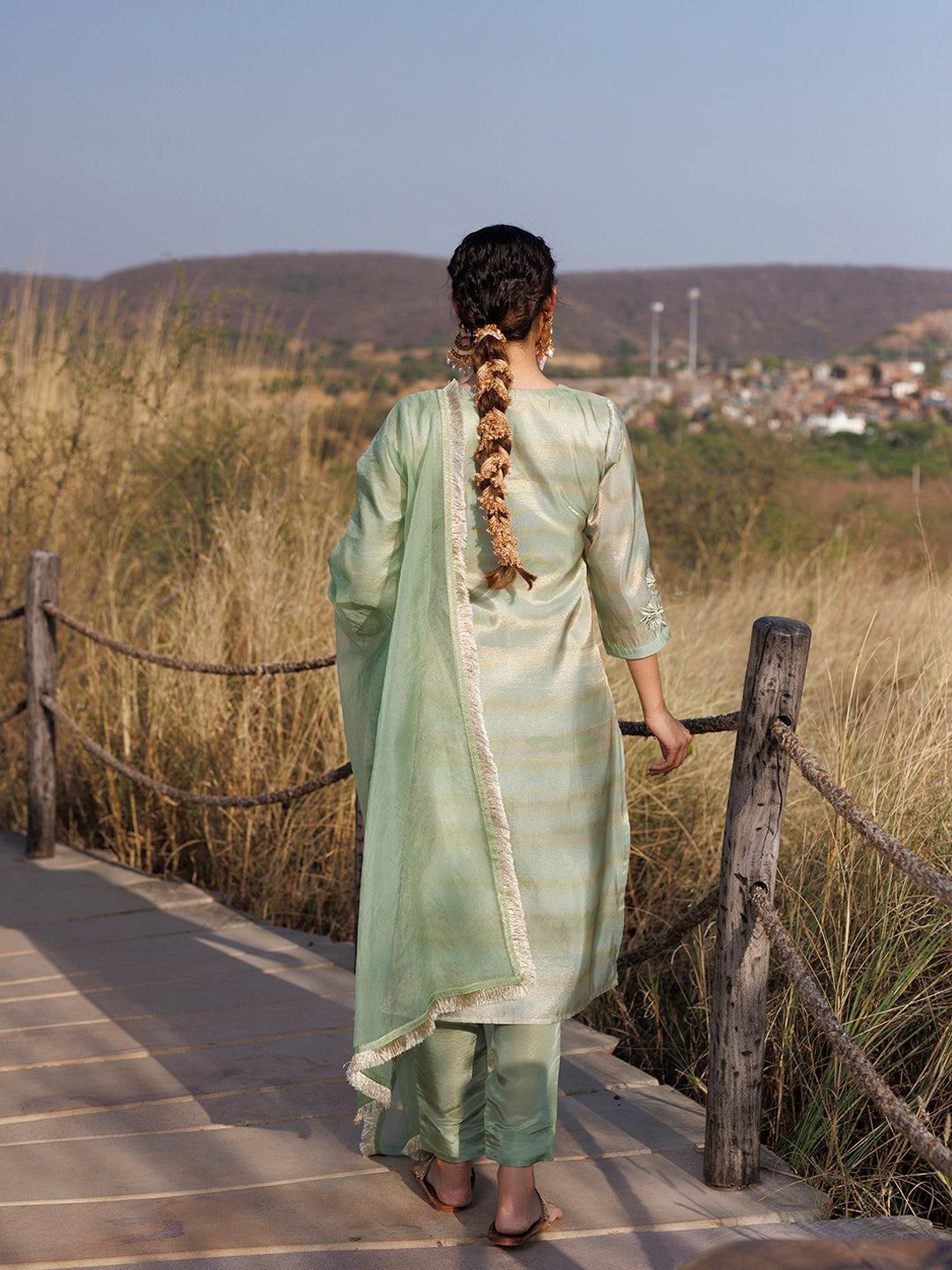 Celadon Green Tissue Shimmer Suit Set