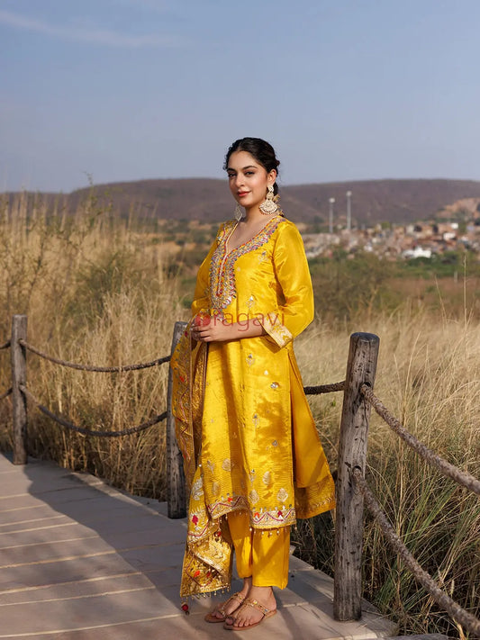 Canary Yellow Tissue Suit Set - Ragavi
