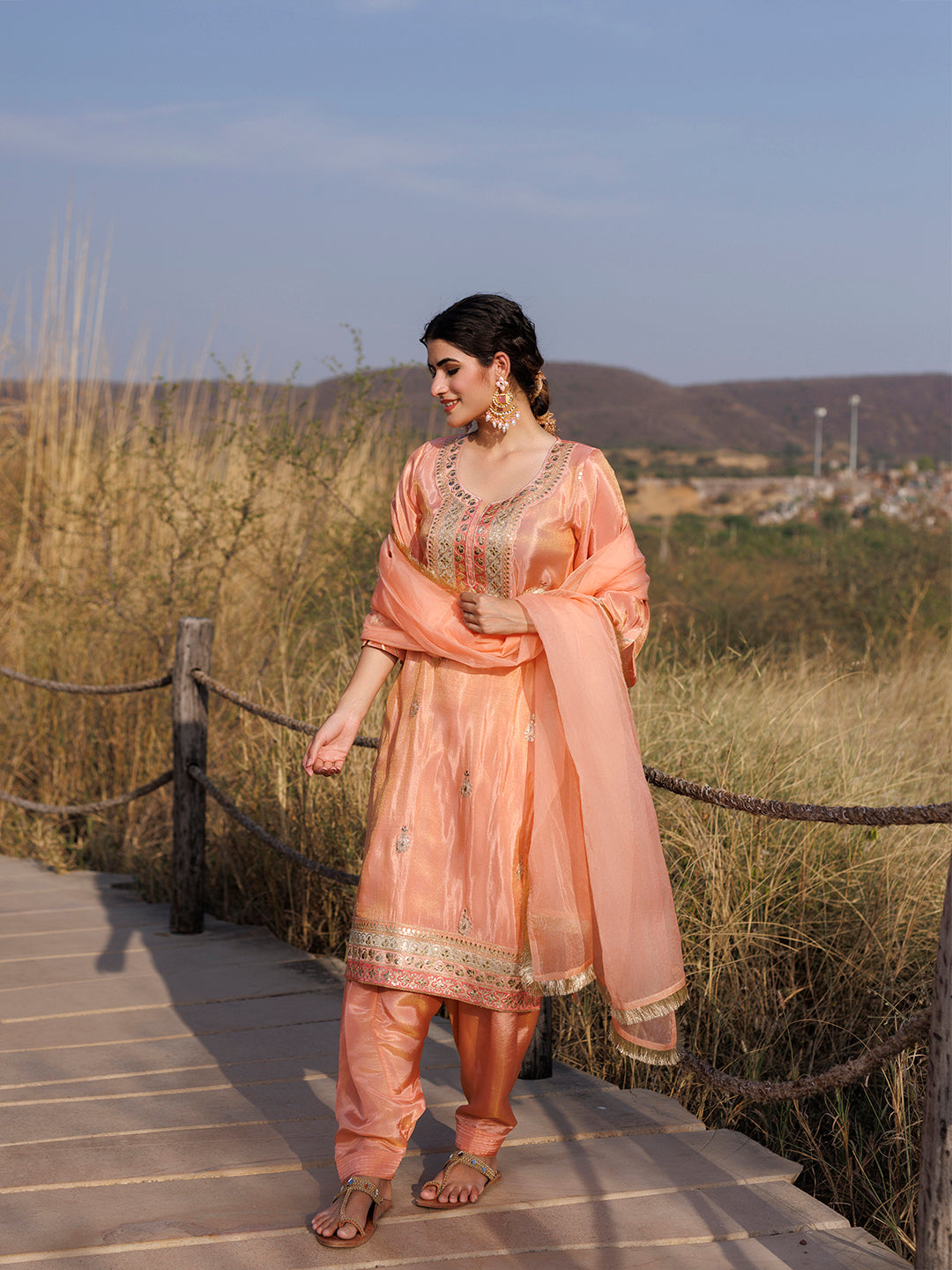 Coral Peach Tissue Shimmer Embroidered Suit Set
