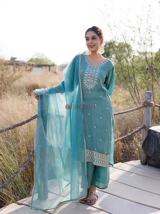Sea Green Embroidered Silk Suit Set - Ragavi