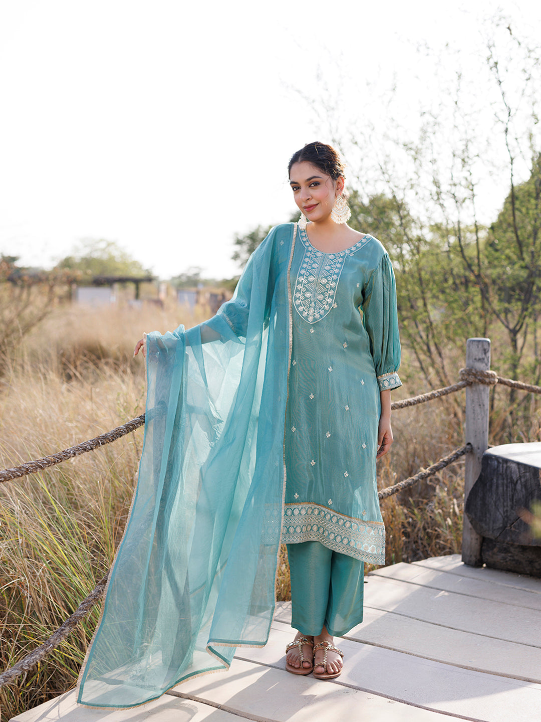 Sea Green Embroidered Silk Suit Set