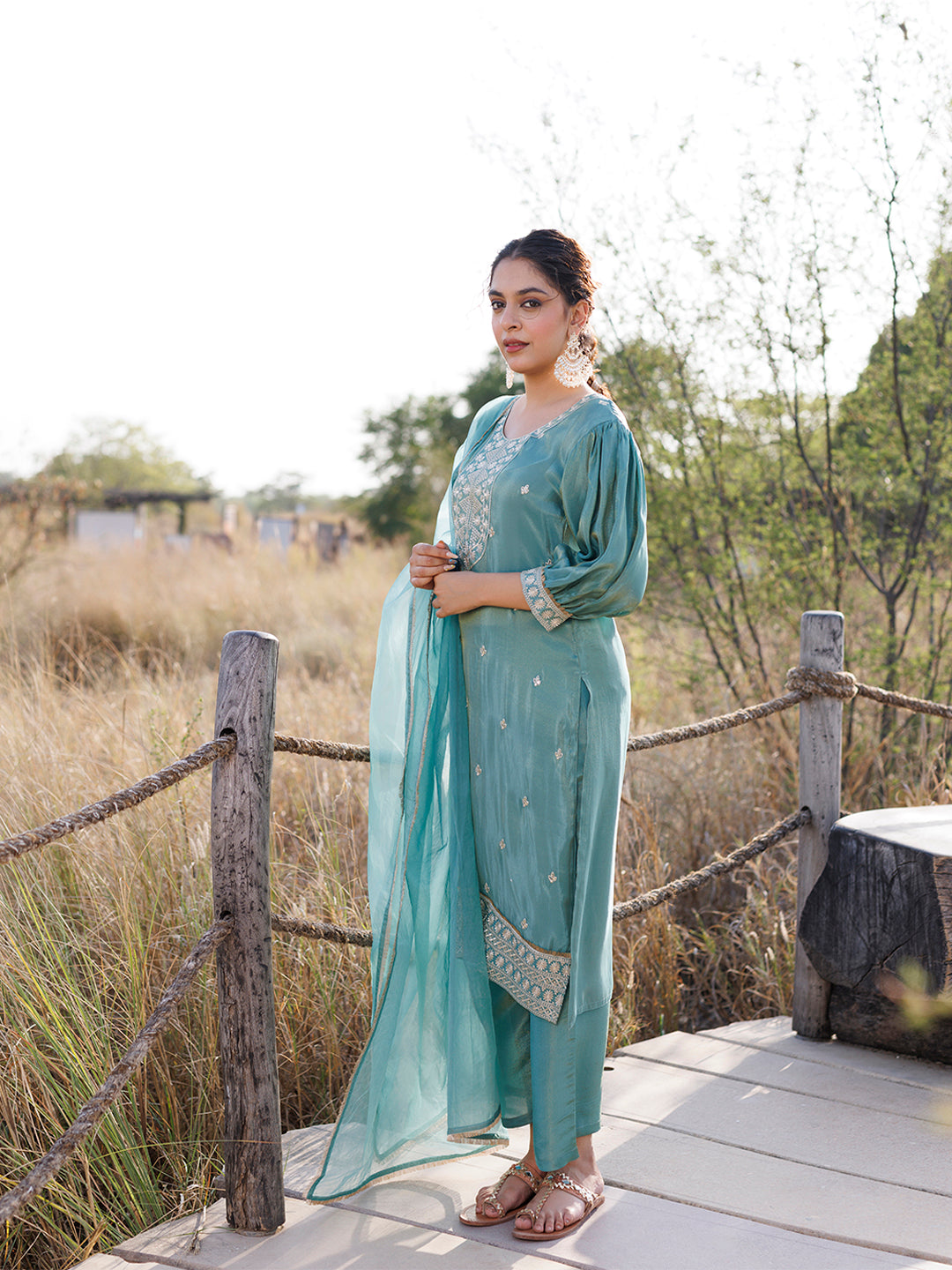 Sea Green Embroidered Silk Suit Set