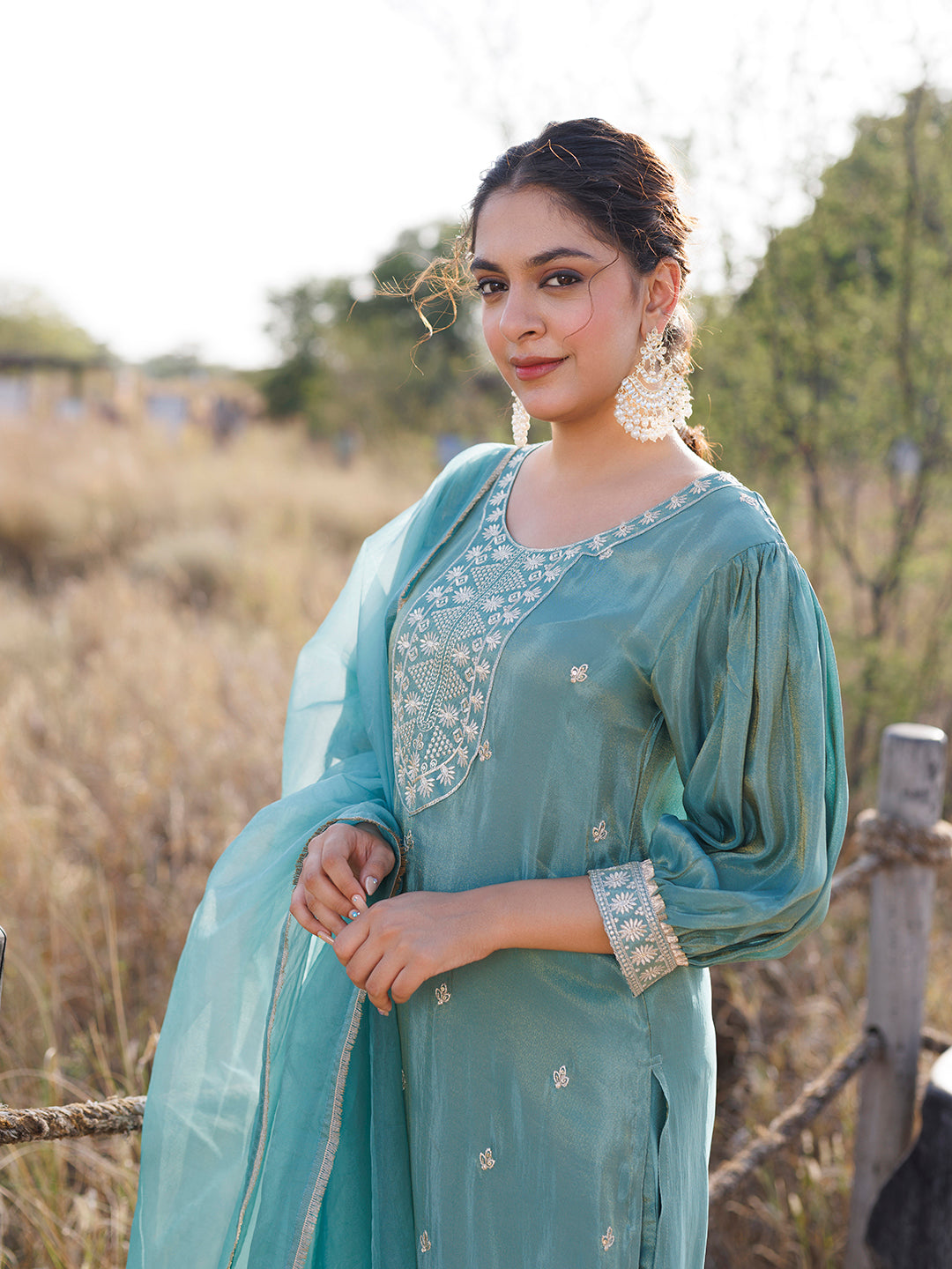 Sea Green Embroidered Silk Suit Set