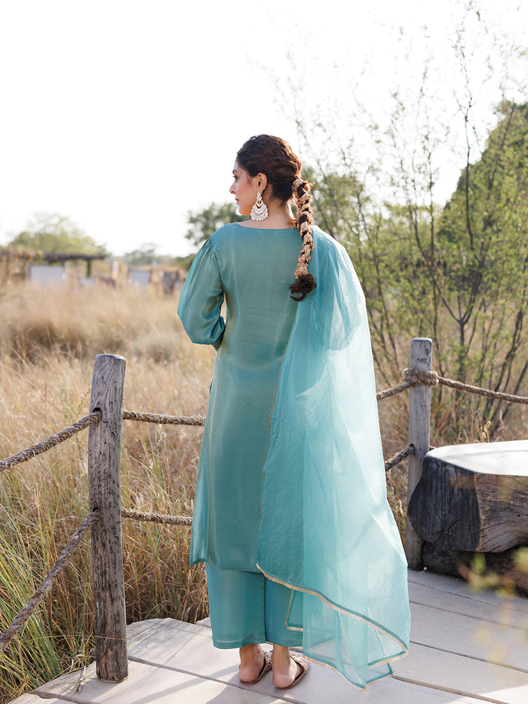 Sea Green Embroidered Silk Suit Set