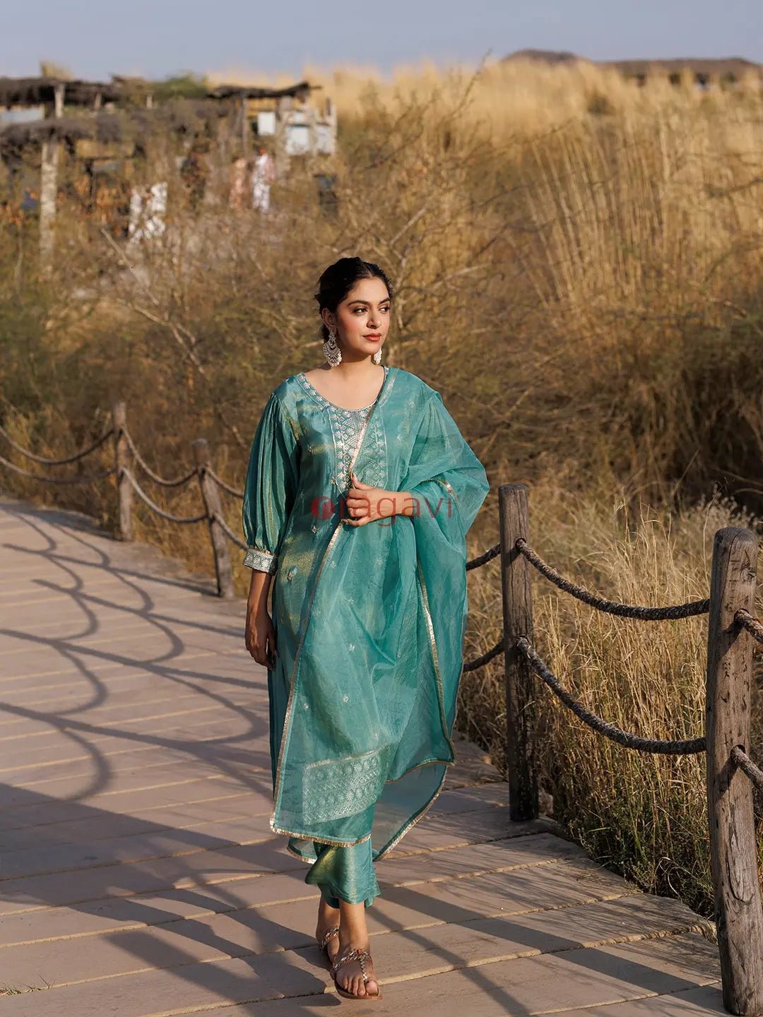 Sea Green Embroidered Silk Suit Set - Ragavi