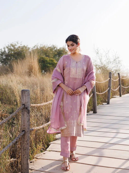 Moonlite Mauve Embroidered Silk Suit Set - Ragavi