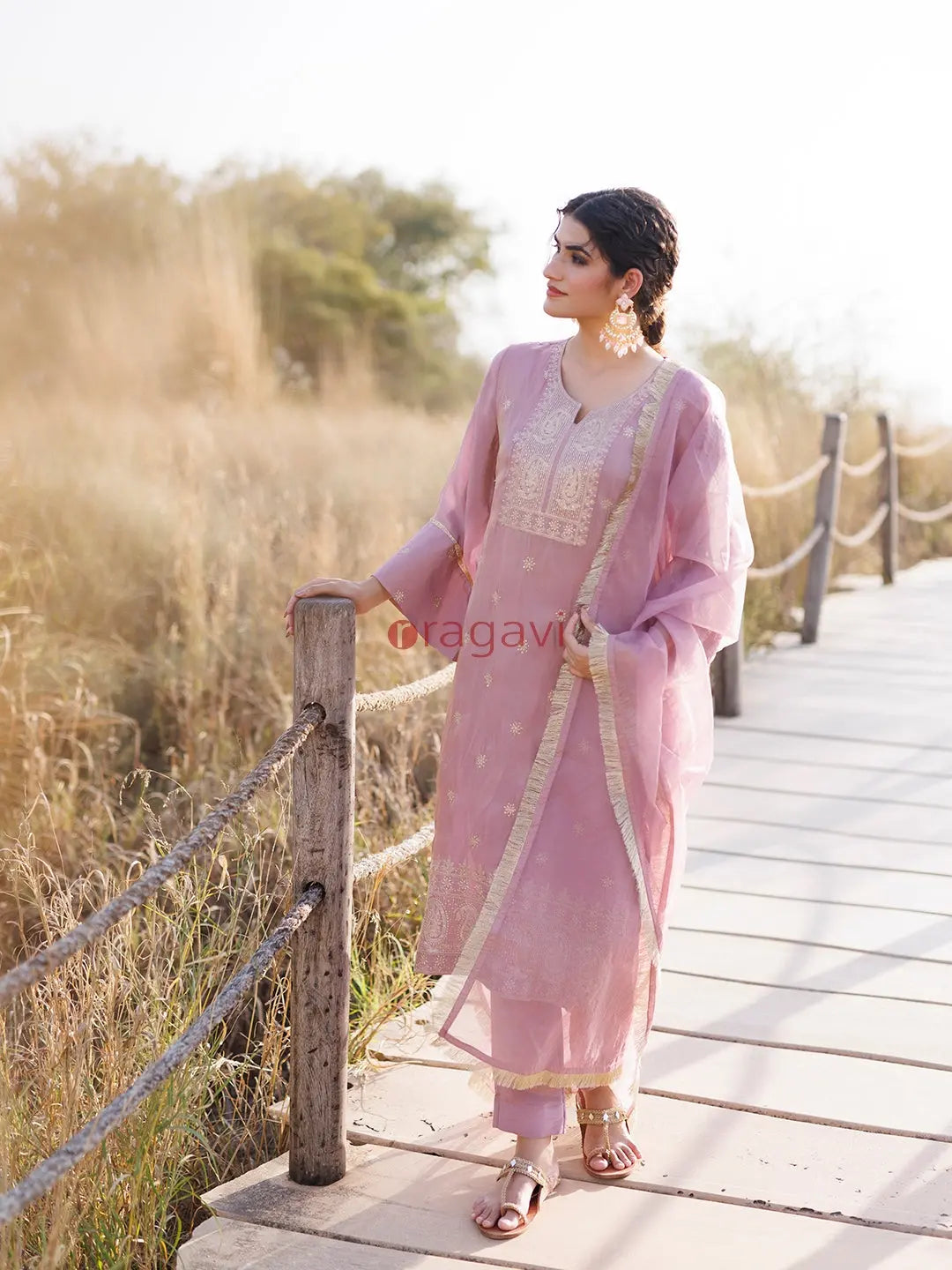 Moonlite Mauve Embroidered Silk Suit Set - Ragavi